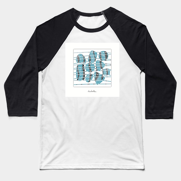 Lines and Swirls Making Visual Music, Black, Blue and White Illustration Baseball T-Shirt by cherdoodles